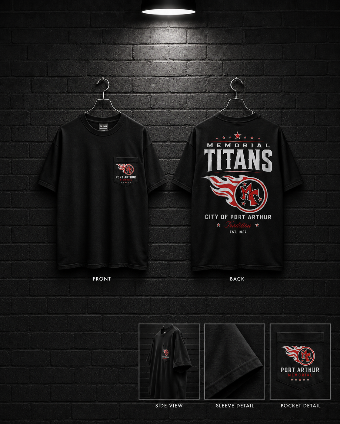 Memorial Titans City of Port Arthur Tee mockup in black, showing small chest graphic and large back graphic.