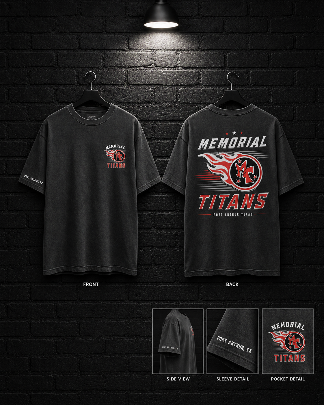Memorial Titans Classic Stack Tee mockup in charcoal, showing small chest graphic and large back graphic.