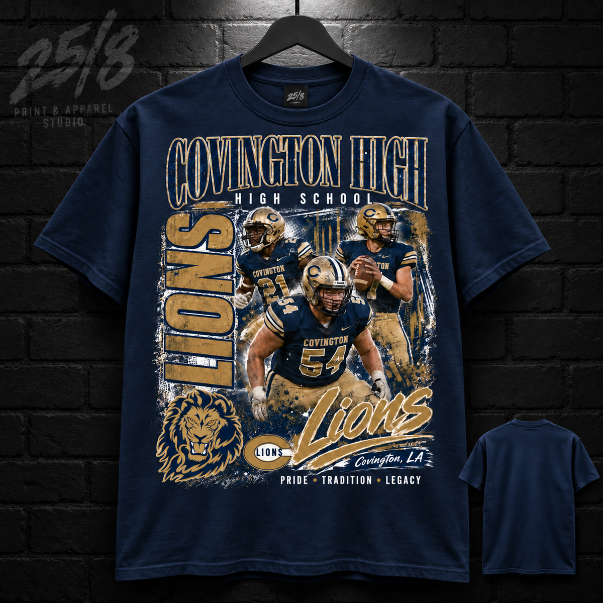 Covington High School Lions Football Legacy navy T-shirt mockup with plain back view.