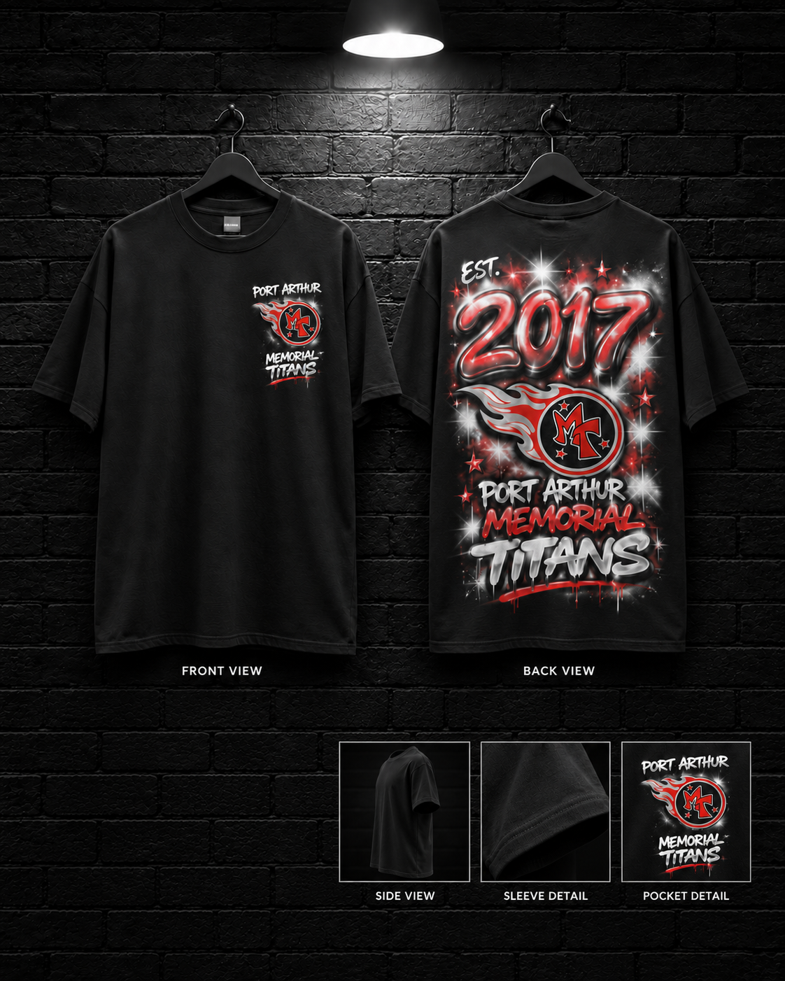 Port Arthur Memorial Spark Graphic Tee mockup in black, showing small chest graphic and large back graphic.