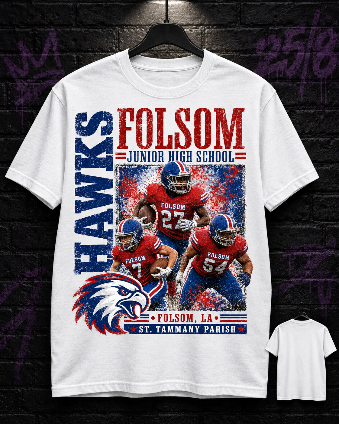 Folsom Junior High Hawks football collage white tee 25/8 mockup