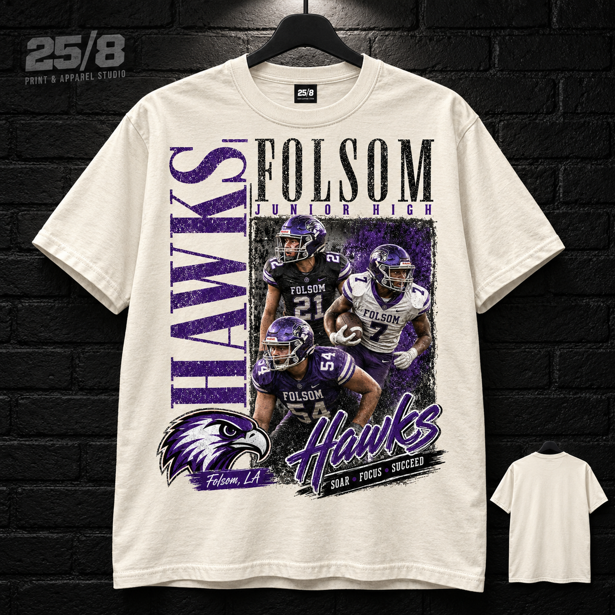 Folsom Junior High Hawks Football Legacy cream T-shirt mockup with plain back view.