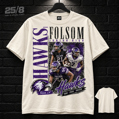 Folsom Junior High Hawks Football Legacy cream T-shirt mockup with plain back view.