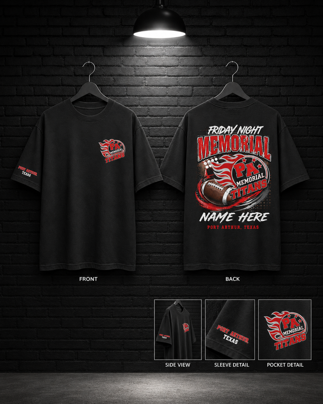 Memorial Titans Friday Night Helmet Tee mockup in black, showing small chest graphic and large back graphic.