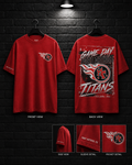 Memorial Titans Game Day Red Tee mockup in red, showing small chest graphic and large back graphic.