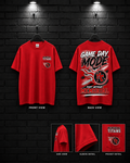 Memorial Titans Game Day Mode Red Tee mockup in red, showing small chest graphic and large back graphic.