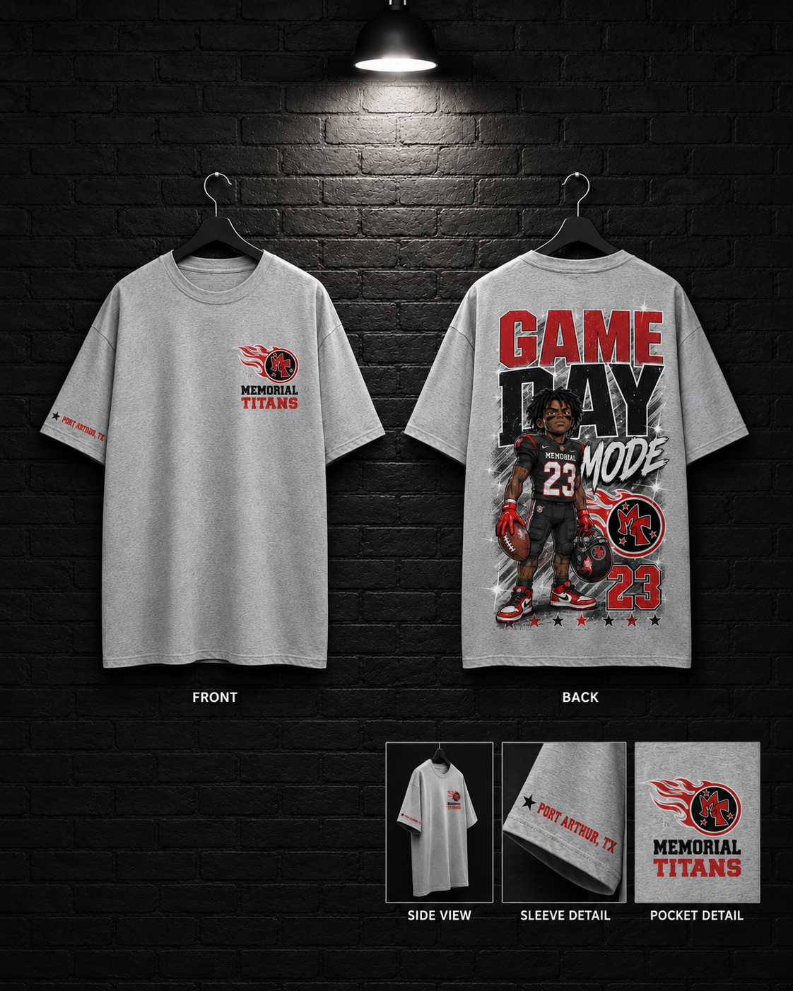 Memorial Titans Game Day Mode 23 Tee mockup in heather gray, showing small chest graphic and large back graphic.
