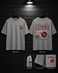 Memorial Titans Gray Classic Tee mockup in heather gray, showing small chest graphic and large back graphic.