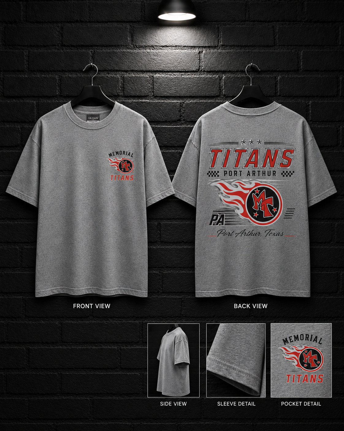 Memorial Titans Gray Classic Tee mockup in heather gray, showing small chest graphic and large back graphic.