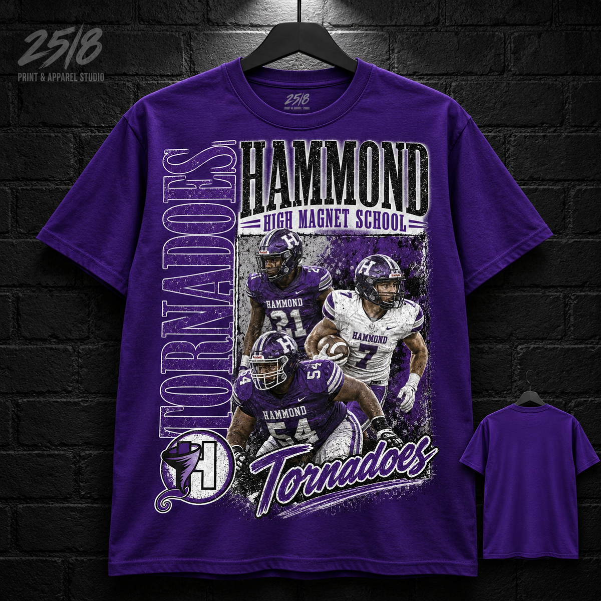 Hammond High Magnet School Tornadoes Football Legacy purple T-shirt mockup with plain back view.