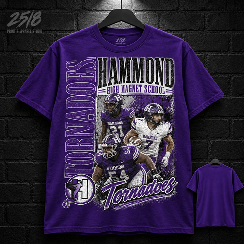 Hammond High Magnet School Tornadoes Football Legacy purple T-shirt mockup with plain back view.
