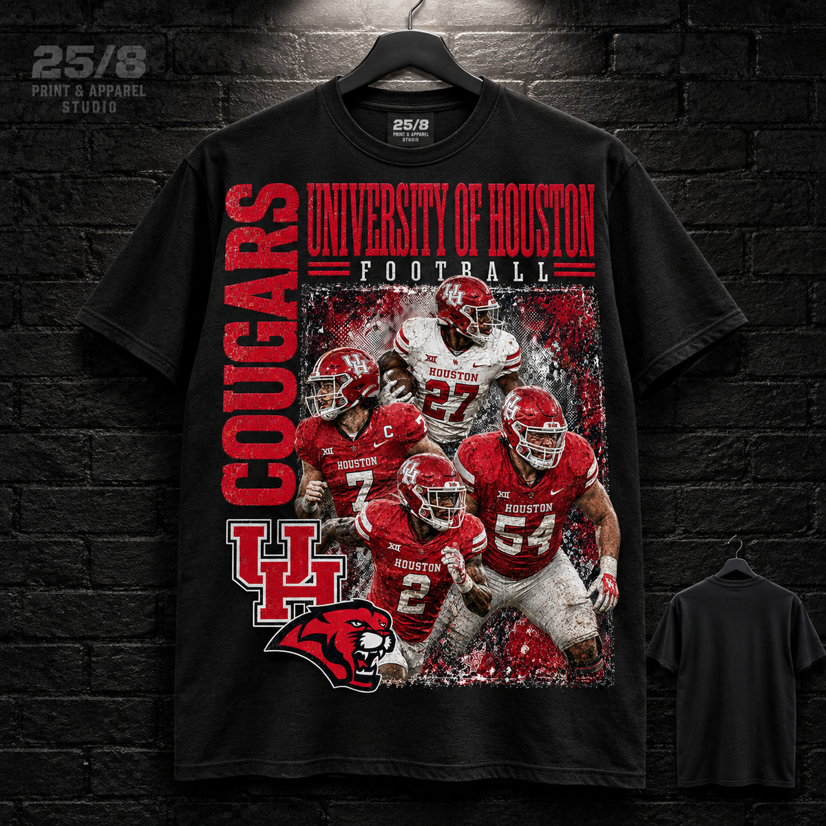 University of Houston Cougars Football Legacy black T-shirt mockup with plain back view.