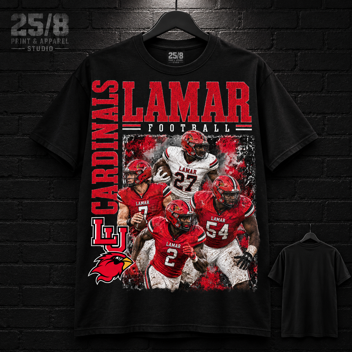 Lamar University Cardinals Football Legacy black T-shirt mockup with plain back view.