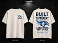 Lamar State College Port Arthur Built Different cream T-shirt mockup showing the front chest print and large back graphic, with unprinted sleeves.