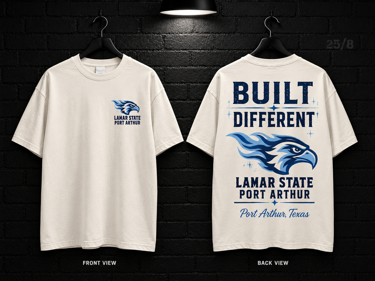 Lamar State College Port Arthur Built Different cream T-shirt mockup showing the front chest print and large back graphic, with unprinted sleeves.
