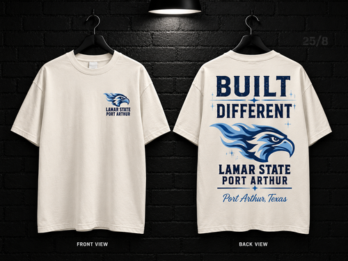 Lamar State College Port Arthur Built Different cream T-shirt mockup showing the front chest print and large back graphic, with unprinted sleeves.