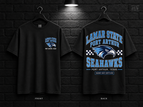 Lamar State College Port Arthur Checkerboard black T-shirt mockup showing the front chest print and large back graphic, with unprinted sleeves.