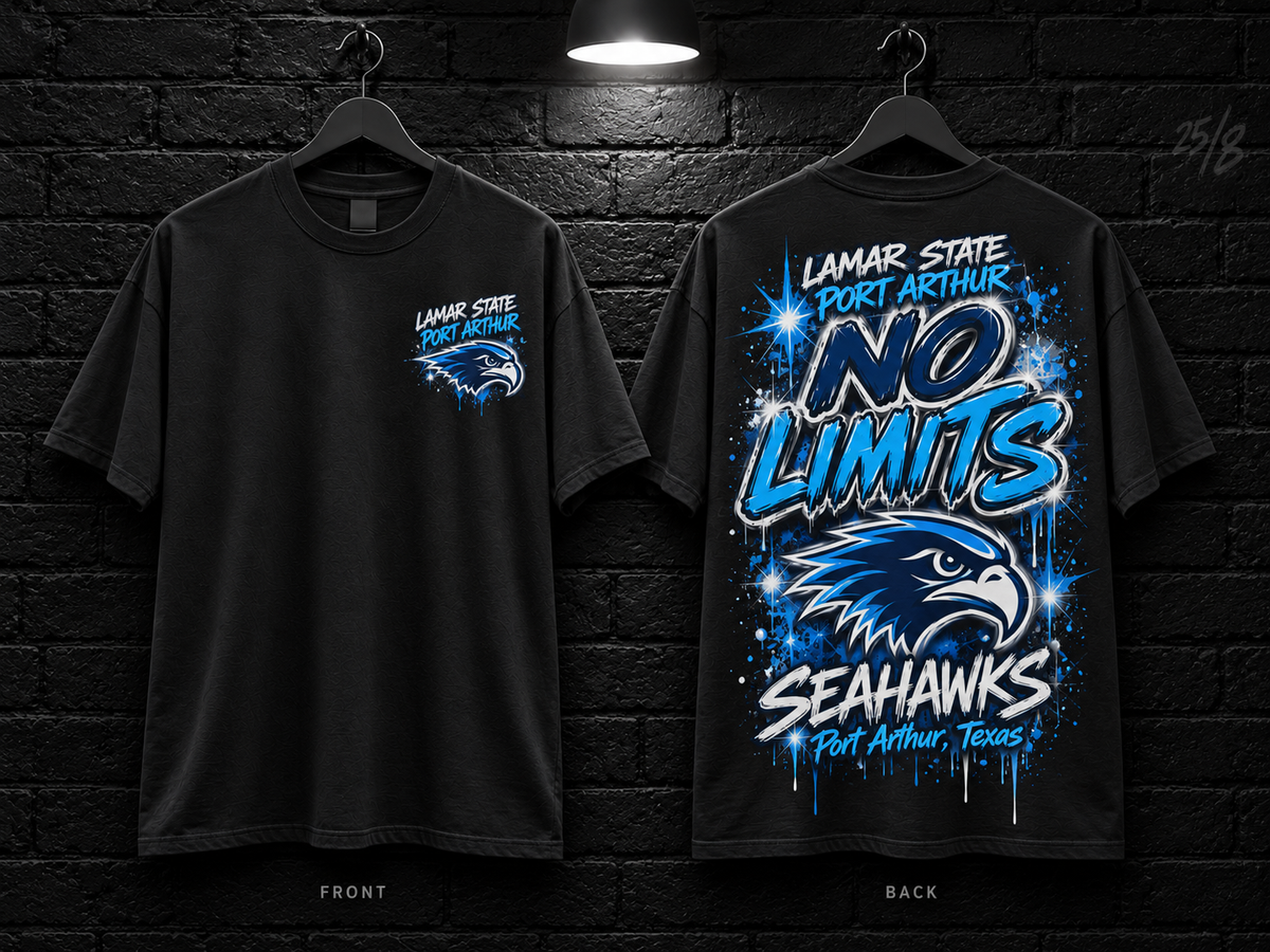Lamar State College Port Arthur No Limits black T-shirt mockup showing the front chest print and large back graphic, with unprinted sleeves.