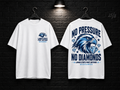 Lamar State College Port Arthur No Pressure No Diamonds white T-shirt mockup showing the front chest print and large back graphic, with unprinted sleeves.