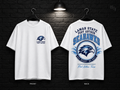 Lamar State College Port Arthur Round Crest white T-shirt mockup showing the front chest print and large back graphic, with unprinted sleeves.