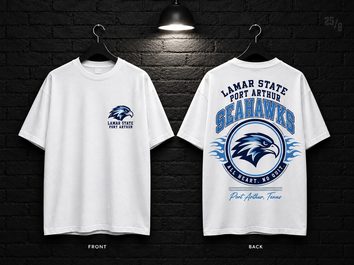Lamar State College Port Arthur Round Crest white T-shirt mockup showing the front chest print and large back graphic, with unprinted sleeves.