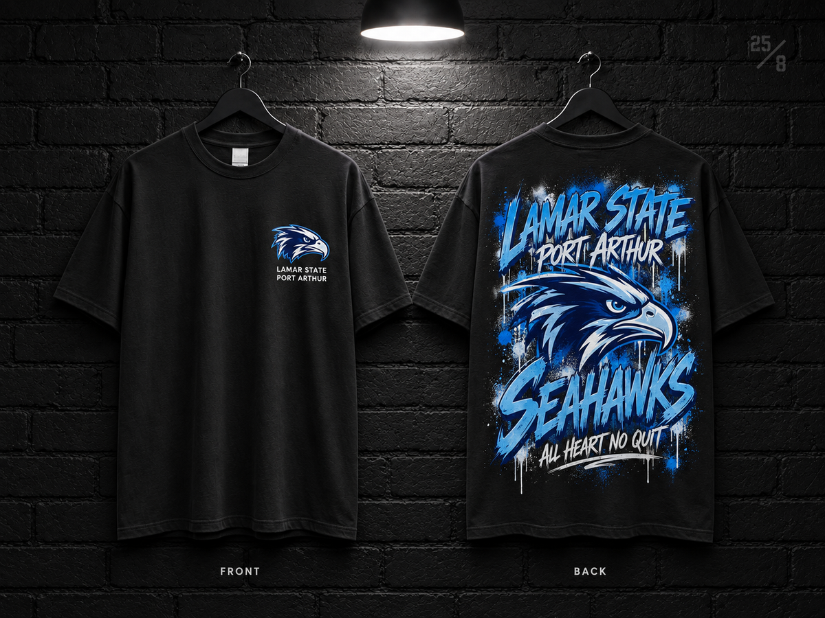 Lamar State College Port Arthur School Script black T-shirt mockup showing the front chest print and large back graphic, with unprinted sleeves.