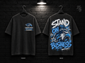 Lamar State College Port Arthur Stand on Business washed charcoal T-shirt mockup showing the front chest print and large back graphic, with unprinted sleeves.