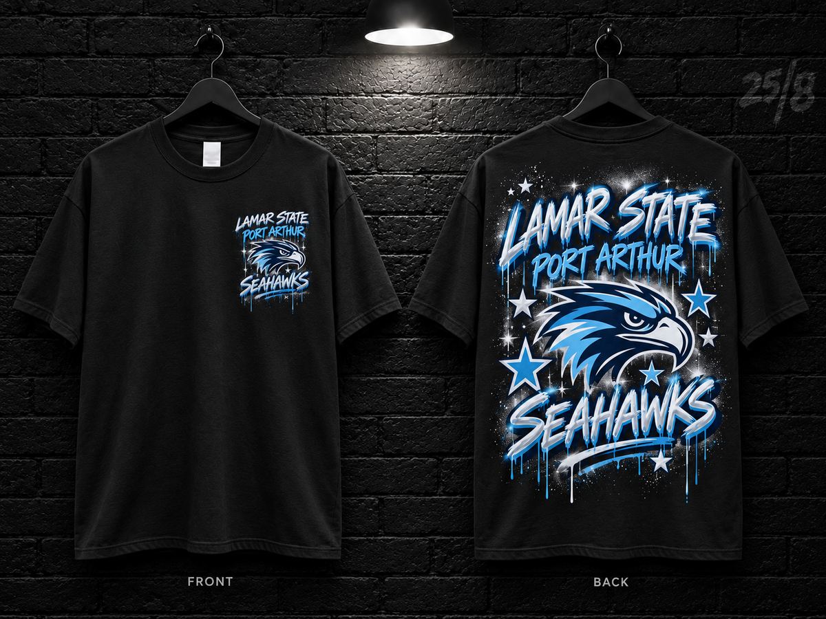 Lamar State College Port Arthur Star Graphic black T-shirt mockup showing the front chest print and large back graphic, with unprinted sleeves.