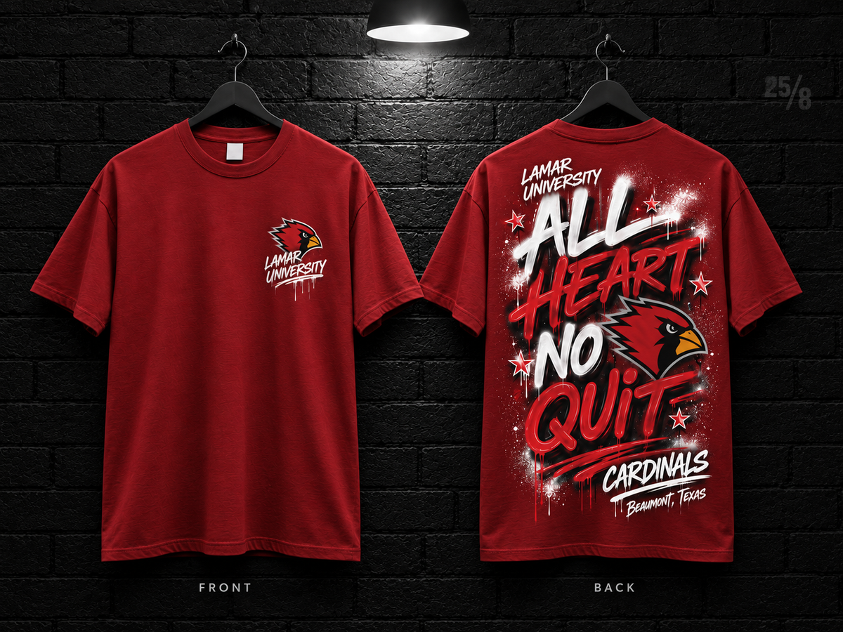 Lamar University All Heart No Quit cardinal red T-shirt mockup showing the front chest print and large back graphic, with unprinted sleeves.
