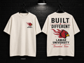 Lamar University Built Different cream T-shirt mockup showing the front chest print and large back graphic, with unprinted sleeves.