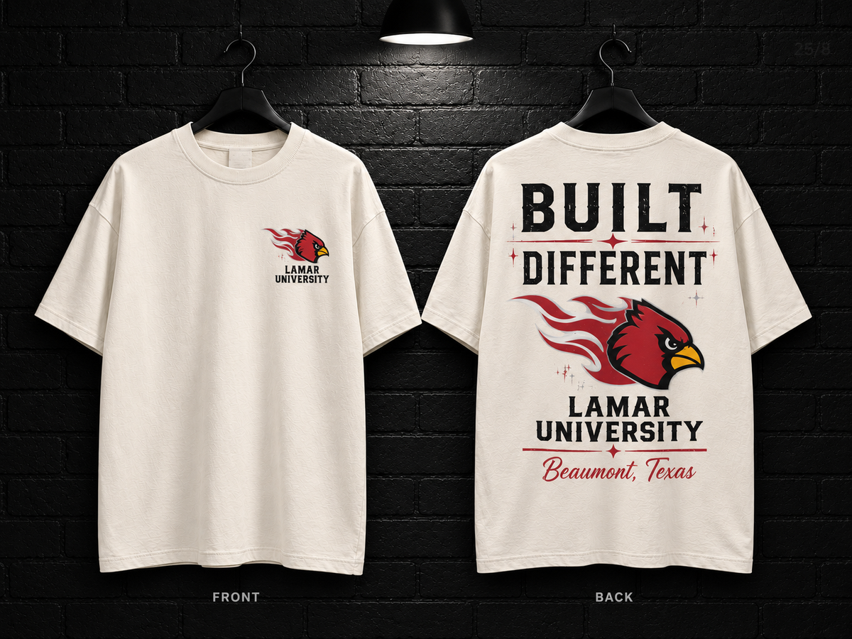 Lamar University Built Different cream T-shirt mockup showing the front chest print and large back graphic, with unprinted sleeves.