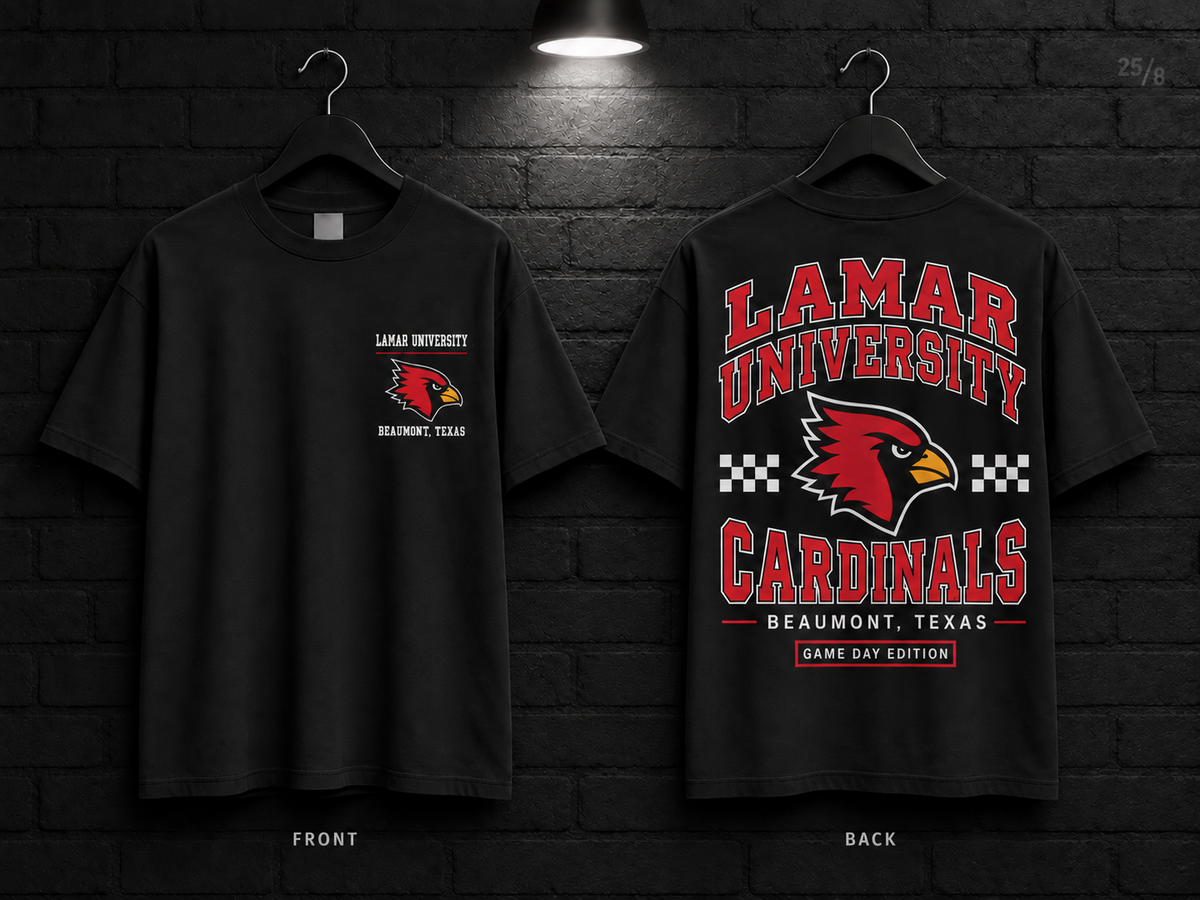 Lamar University Checkerboard black T-shirt mockup showing the front chest print and large back graphic, with unprinted sleeves.