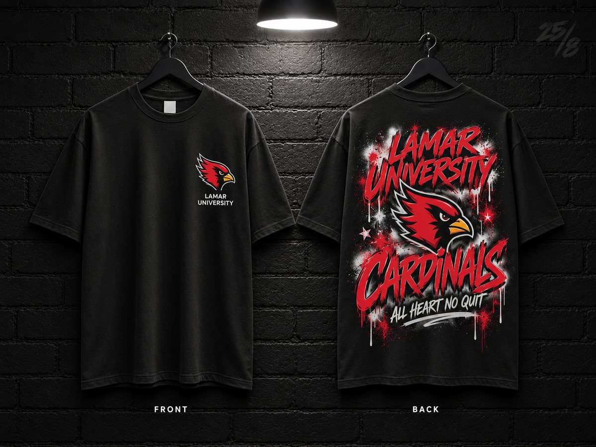 Lamar University School Script black T-shirt mockup showing the front chest print and large back graphic, with unprinted sleeves.