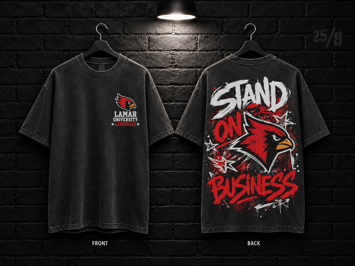 Lamar University Stand on Business washed charcoal T-shirt mockup showing the front chest print and large back graphic, with unprinted sleeves.