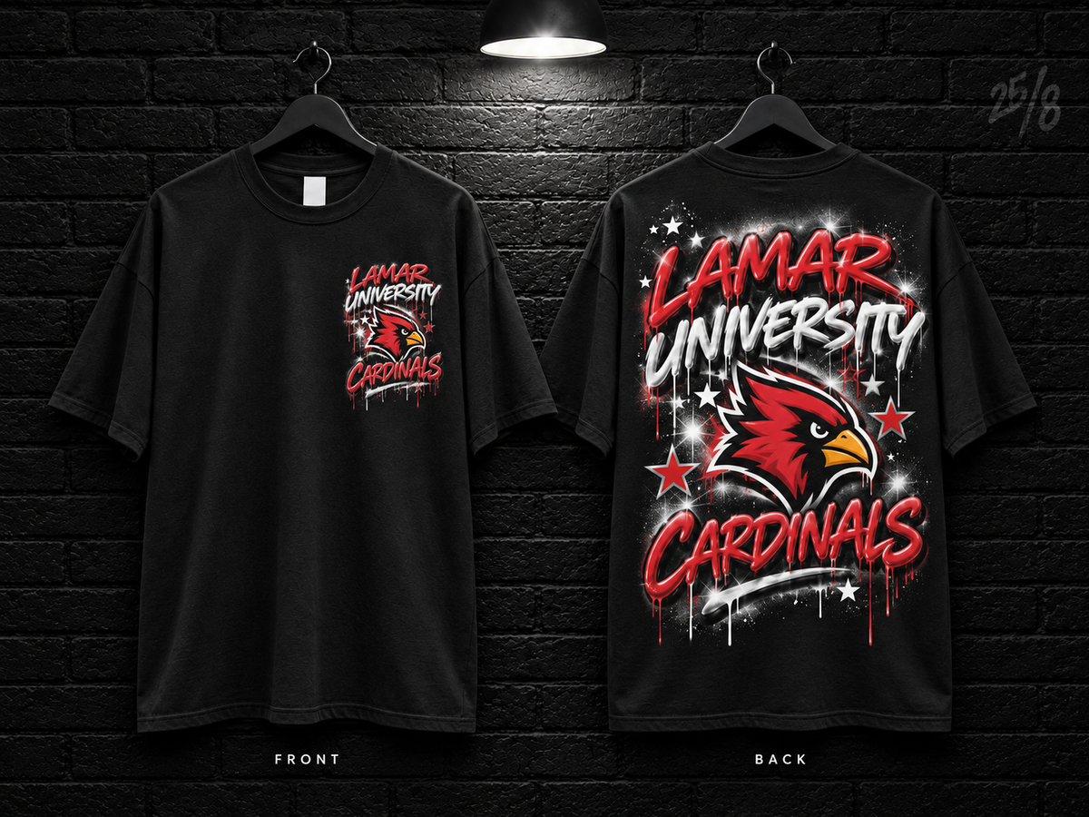 Lamar University Star Graphic black T-shirt mockup showing the front chest print and large back graphic, with unprinted sleeves.