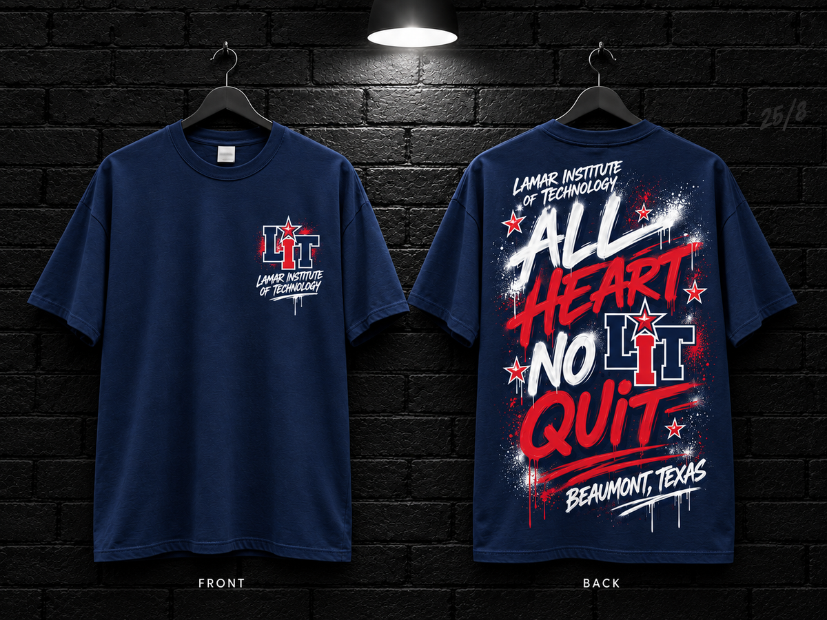 Lamar Institute of Technology All Heart No Quit navy T-shirt mockup showing the front chest print and large back graphic, with unprinted sleeves.