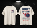 Lamar Institute of Technology Built Different cream T-shirt mockup showing the front chest print and large back graphic, with unprinted sleeves.