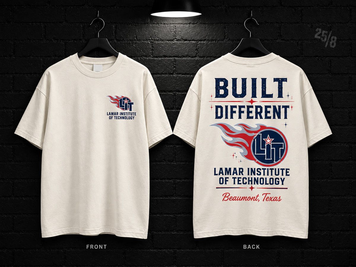 Lamar Institute of Technology Built Different cream T-shirt mockup showing the front chest print and large back graphic, with unprinted sleeves.