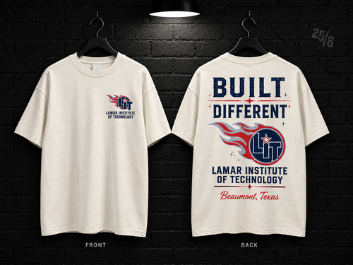 Lamar Institute of Technology Built Different cream T-shirt mockup showing the front chest print and large back graphic, with unprinted sleeves.