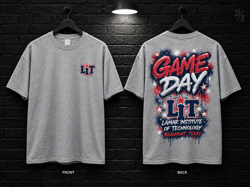 Lamar Institute of Technology Game Day Graffiti heather gray T-shirt mockup showing the front chest print and large back graphic, with unprinted sleeves.