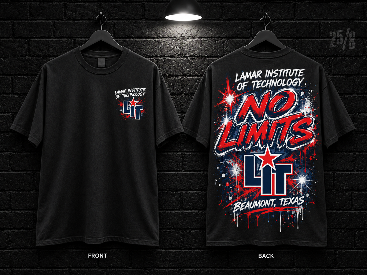 Lamar Institute of Technology No Limits black T-shirt mockup showing the front chest print and large back graphic, with unprinted sleeves.
