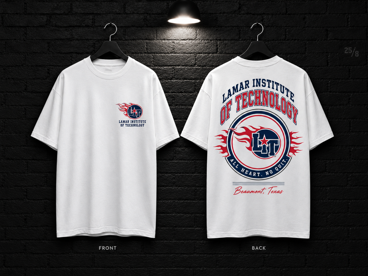 Lamar Institute of Technology Round Crest white T-shirt mockup showing the front chest print and large back graphic, with unprinted sleeves.