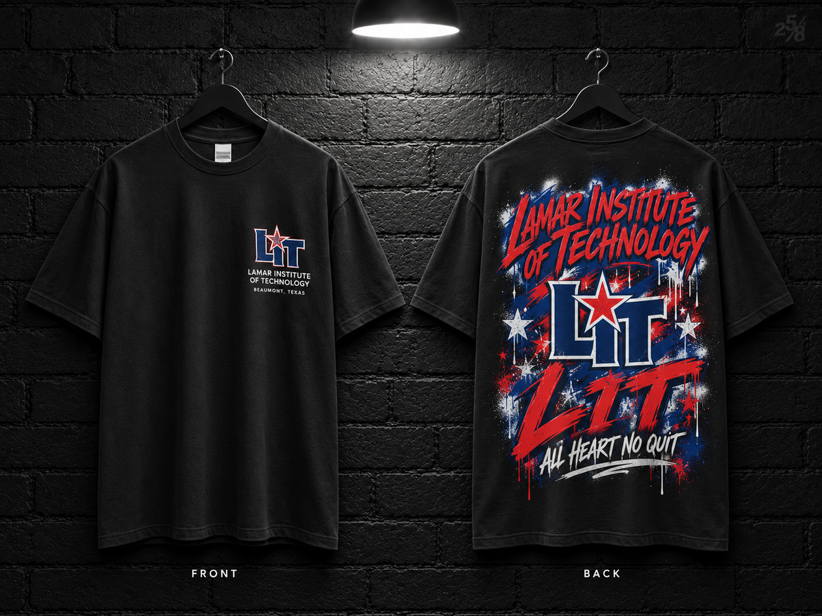 Lamar Institute of Technology School Script black T-shirt mockup showing the front chest print and large back graphic, with unprinted sleeves.