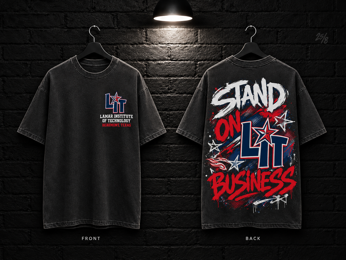 Lamar Institute of Technology Stand on Business washed charcoal T-shirt mockup showing the front chest print and large back graphic, with unprinted sleeves.