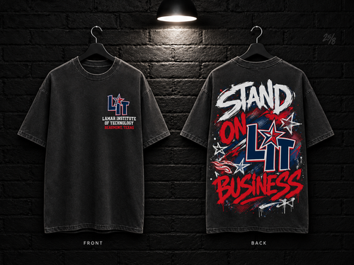 Lamar Institute of Technology Stand on Business washed charcoal T-shirt mockup showing the front chest print and large back graphic, with unprinted sleeves.
