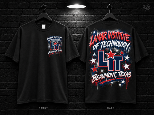 Lamar Institute of Technology Star Graphic black T-shirt mockup showing the front chest print and large back graphic, with unprinted sleeves.