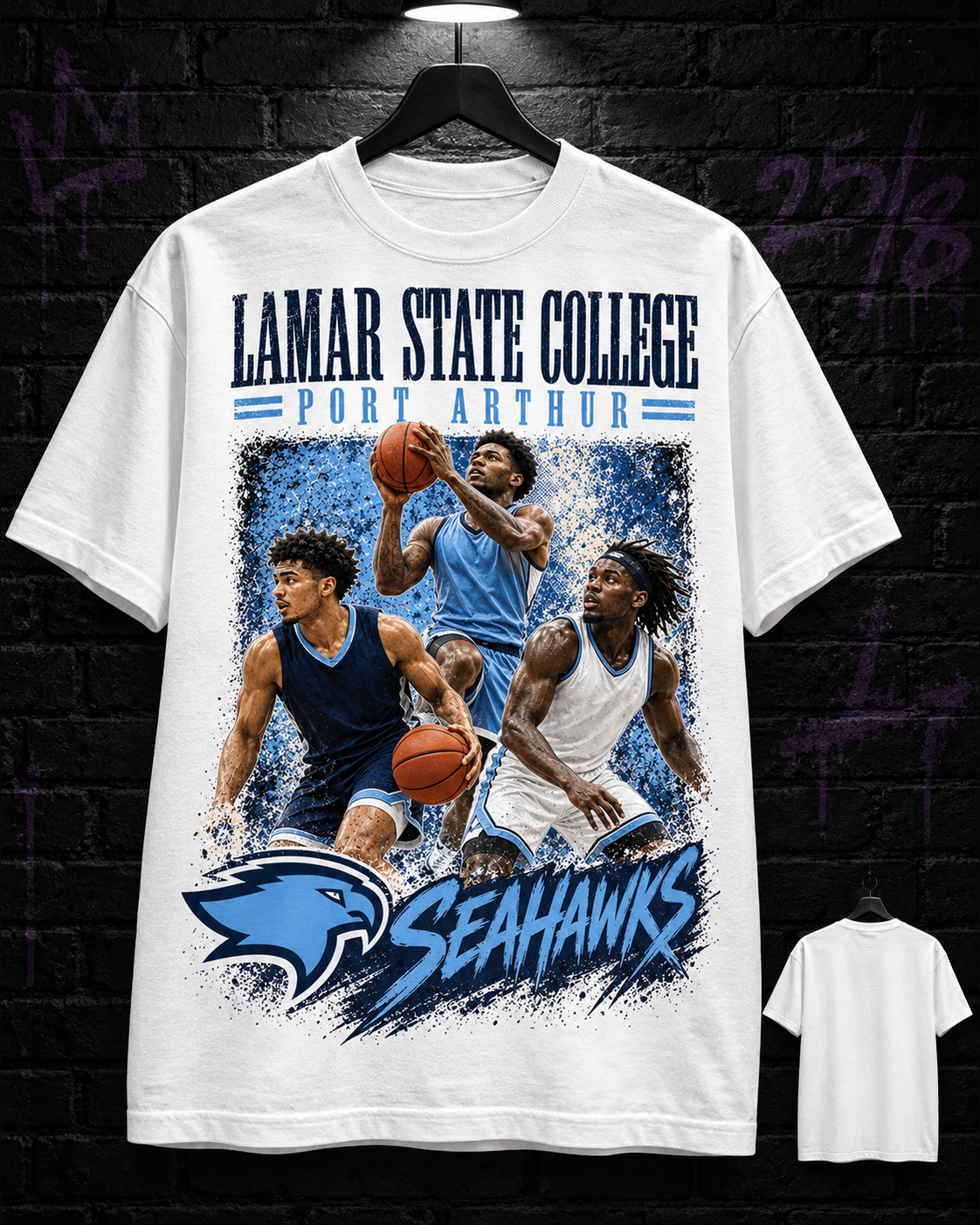 Lamar State College Port Arthur Seahawks men's basketball collage white tee 25/8 mockup