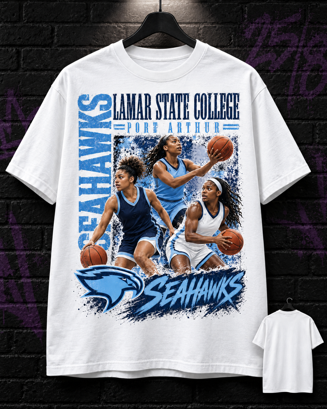 Lamar State College Port Arthur Seahawks women's basketball collage white tee 25/8 mockup