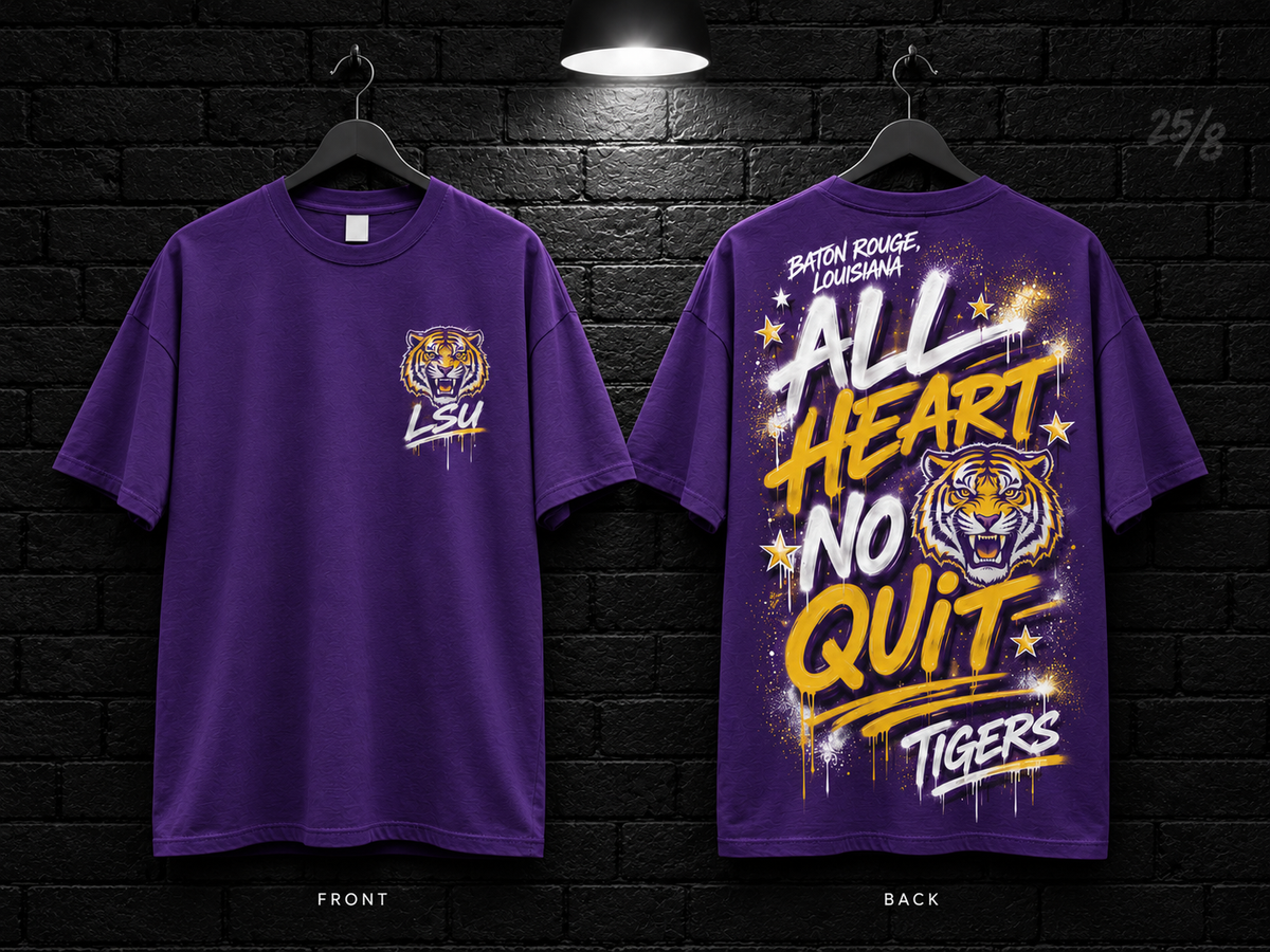 Louisiana State University All Heart No Quit purple T-shirt mockup showing the front chest print and large back graphic, with unprinted sleeves.
