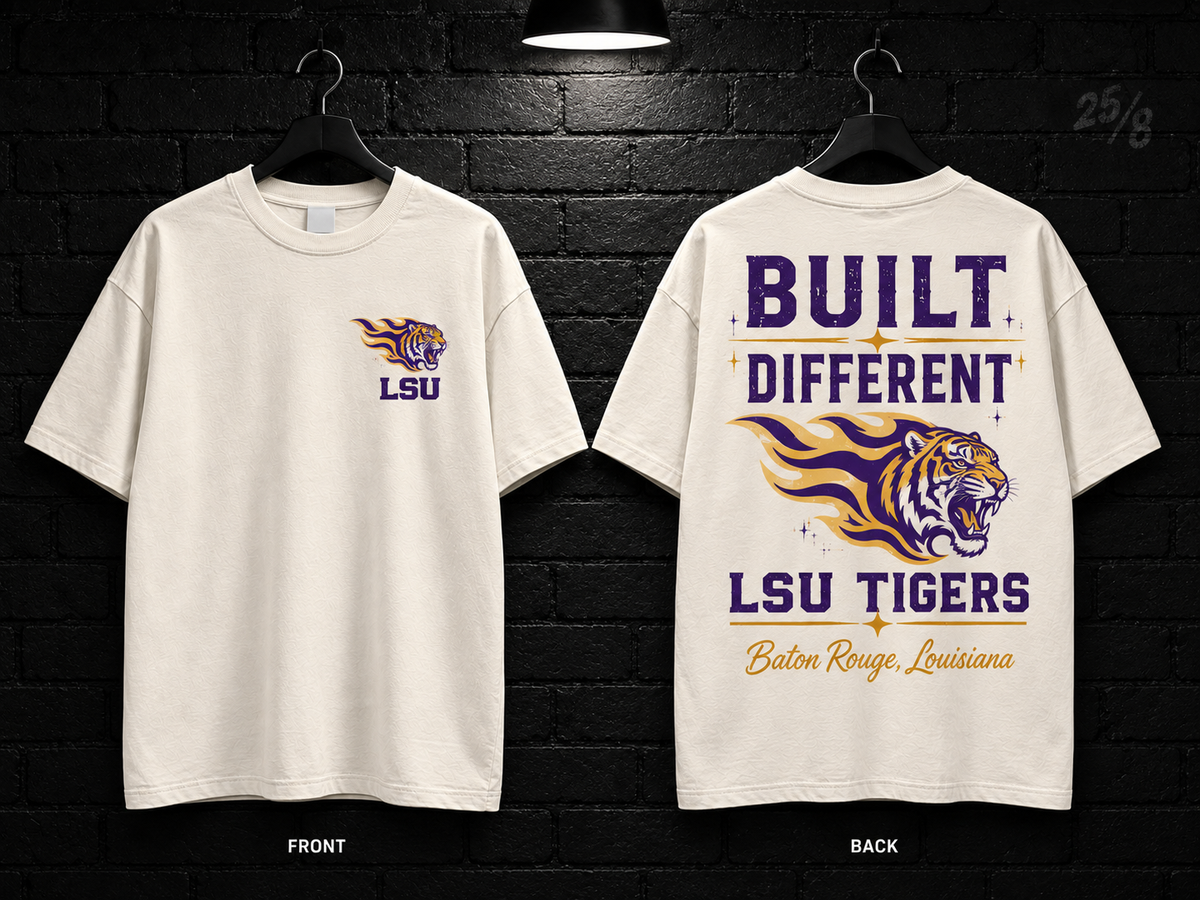 Louisiana State University Built Different cream T-shirt mockup showing the front chest print and large back graphic, with unprinted sleeves.